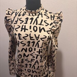 Stylish Cream and Black Graphic Women's Top